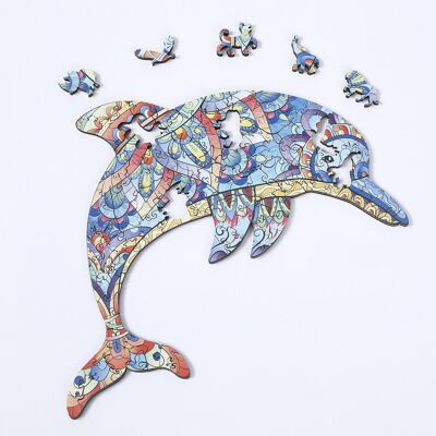 DIY wooden 3D puzzle silhouette shape. With individual pieces with different designs. In polychrome wood. A3 size. DOLPHIN DESIGN. Multicolored