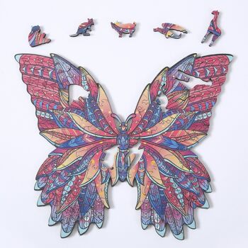 Forme de silhouette de puzzle 3D en bois bricolage. Avec des pièces individuelles avec des designs différents. En bois polychrome. Format A4.MOTIF PAPILLON. Multicolore 1