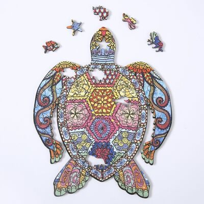 Forme de silhouette de puzzle 3D en bois bricolage. Avec des pièces individuelles avec des designs différents. En bois polychrome. Format A4 DESIGN TORTUE. Multicolore