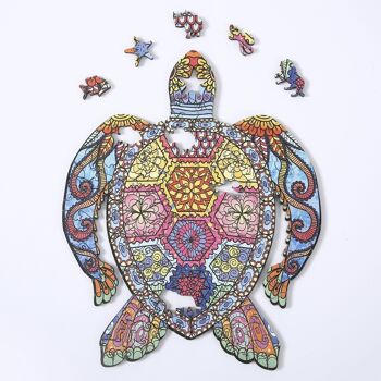 Forme de silhouette de puzzle 3D en bois bricolage. Avec des pièces individuelles avec des designs différents. En bois polychrome. Format A4 DESIGN TORTUE. Multicolore 1