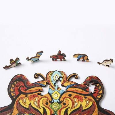 Forme de silhouette de puzzle 3D en bois bricolage. Avec des pièces individuelles avec des designs différents. En bois polychrome. Format A4 DESIGN TIGRE. Multicolore