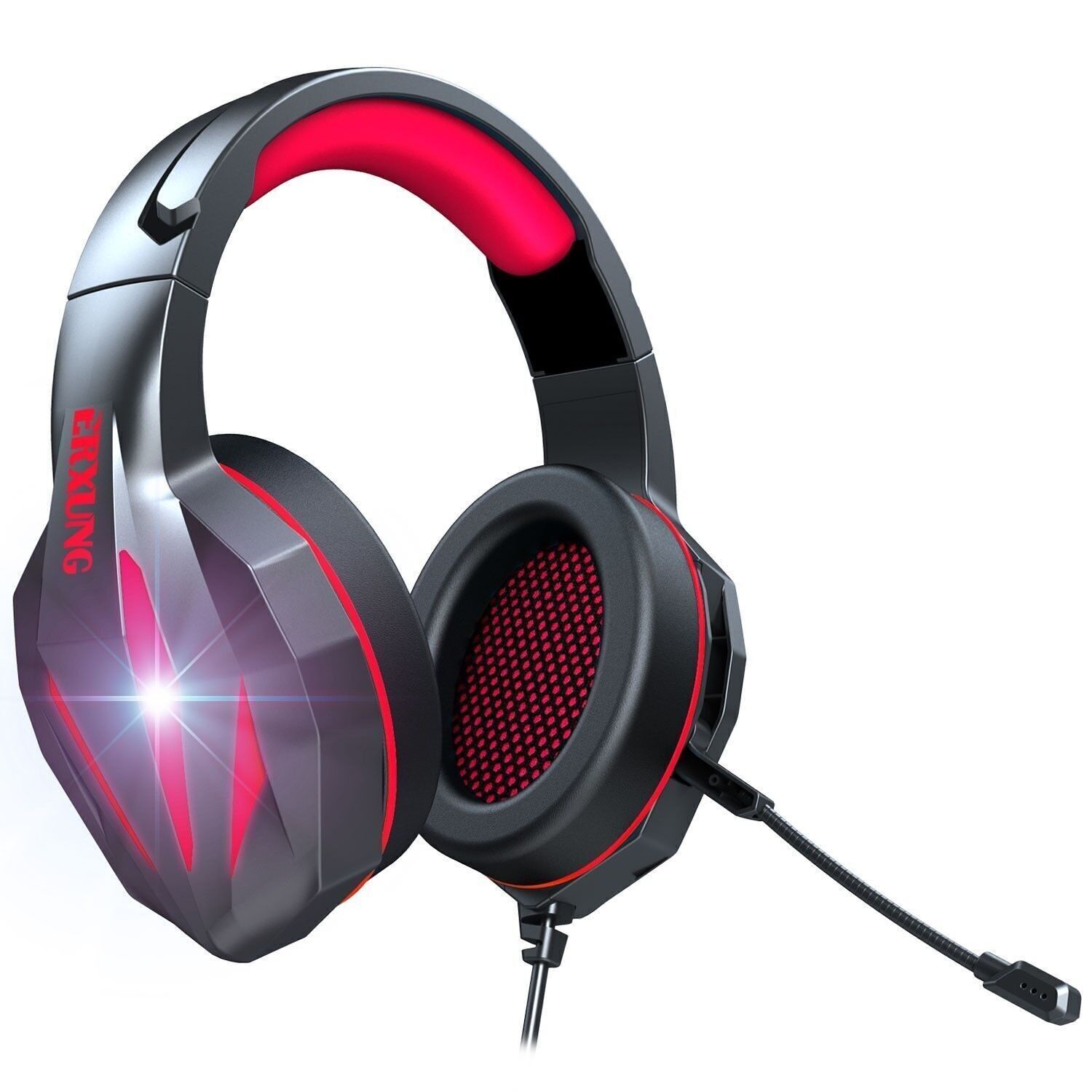 Headset J5 Ultra-Flexible Premium con luces . Auriculares gaming con micro, conexión minijack para PC, portátil, PS4, Xbox One, móvil, tablet. Rojo