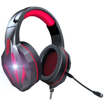 J5 Ultra-Flexible Premium Headset with lights. Gaming headphones with micro, minijack connection for PC, laptop, PS4, Xbox One, mobile, tablet. Red