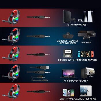 Casque haut de gamme ultra-flexible H1003. 10 lumières FULL RGB. Casque de jeu avec connexion micro, minijack pour PC, ordinateur portable, PS4, Xbox One, mobile, tablette. Rouge 2