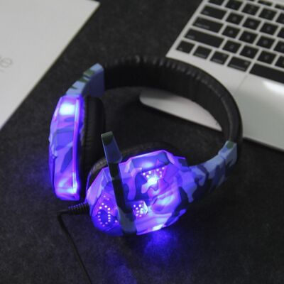 SY830MV headset with led lights. Gaming headphones with micro, minijack connection for PC, laptop, PS4, Xbox One, mobile, tablet. Blue Camouflage Volume Control