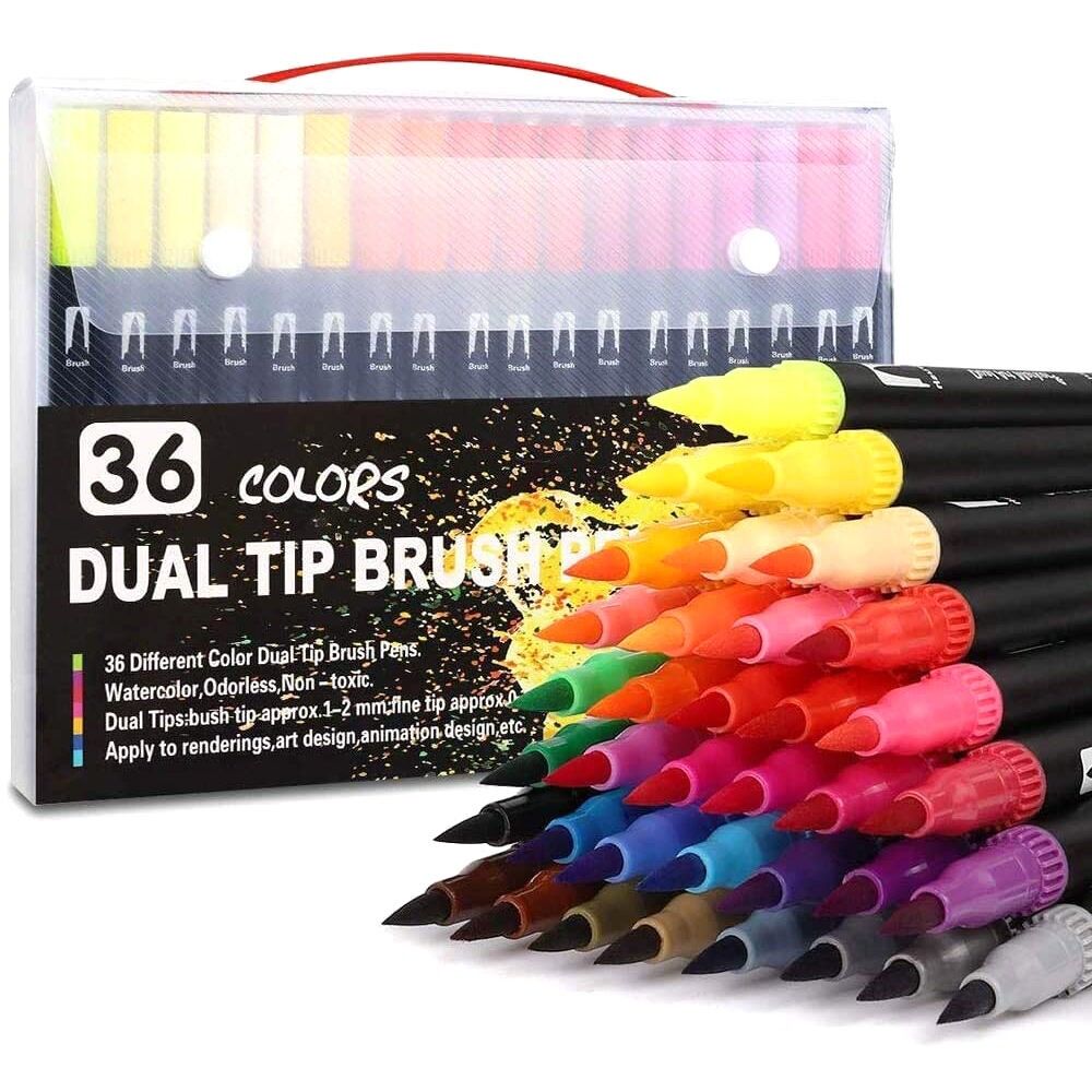 Set mit 36 ​​DUAL ART BLACK LINE Farbmarkern mit Doppelspitze, 0,4 mm Feinspitze und professioneller Aquarellpinselspitze. Ergonomische Dreiecksform für Schriftzüge, Kalligrafie, Illustrationen...