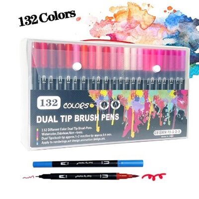 Set mit 132 doppelseitigen BLACK LINE Farbmarkern, feine Spitze 0,4 mm und professionelle Aquarell-Pinselspitze. Ergonomische runde Form für Schriftzüge, Kalligrafie, Illustrationen... Braune Kuh