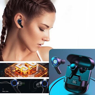PT08 TWS earphones, Bluetooth 5.0. Charging base with battery level. Touch control of music playback and calls. Black