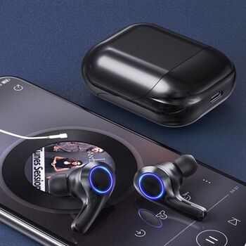 Écouteurs PT08 TWS, Bluetooth 5.0. Base de charge avec niveau de batterie. Contrôle tactile de la lecture de musique et des appels. Le noir 2