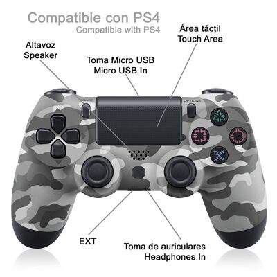 Manette sans fil avec vibration compatible PS4. Fonctionnalités complètes. Camouflage gris