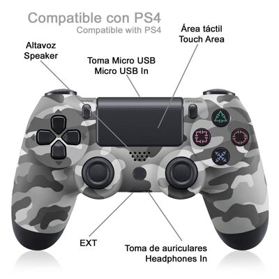 Mando inalámbrico con vibración compatible con PS4. Funciones completas. Camuflaje Gris