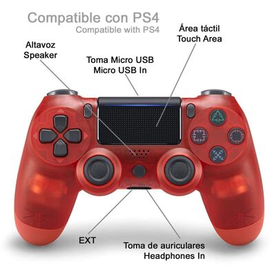 Mando inalámbrico con vibración compatible con PS4. Funciones completas. Rojo