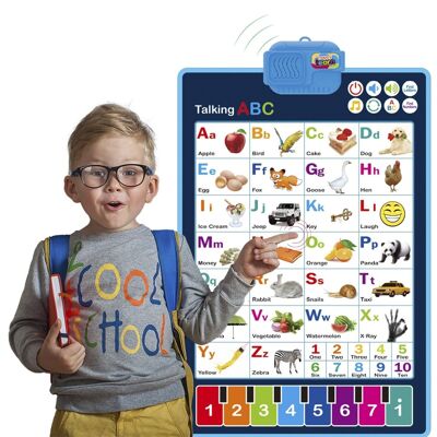 Interactive electronic alphabet to learn English, talking ABC and music poster. Educational toy for young children. Children's fun in kindergarten, preschool. Blue