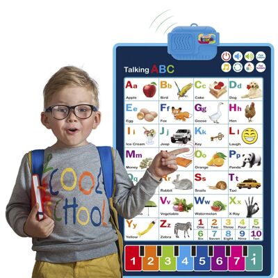 Alfabeto elettronico interattivo per imparare l'inglese, parlare di ABC e poster musicali. Giocattolo educativo per bambini piccoli. Divertimento per bambini all'asilo, all'asilo. Blu