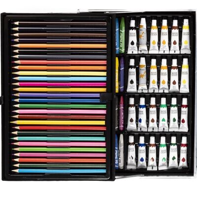 Complete set of painting and drawing 145 pieces oil, watercolors, crayons, markers, pastels and pencils with accessories. Drop-down premium aluminum case on trays. Blue