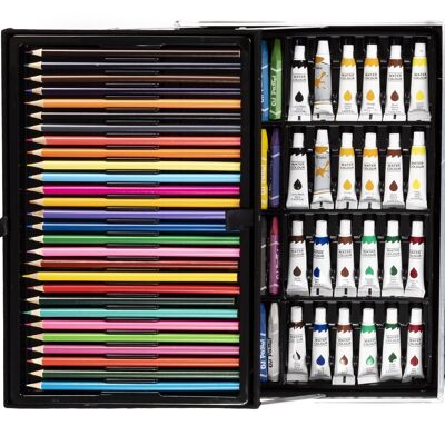 Ensemble complet de peinture et dessin 145 pièces huile, aquarelles, crayons, feutres, pastels et crayons avec accessoires. Caisse en aluminium haut de gamme rabattable sur plateaux. Rose