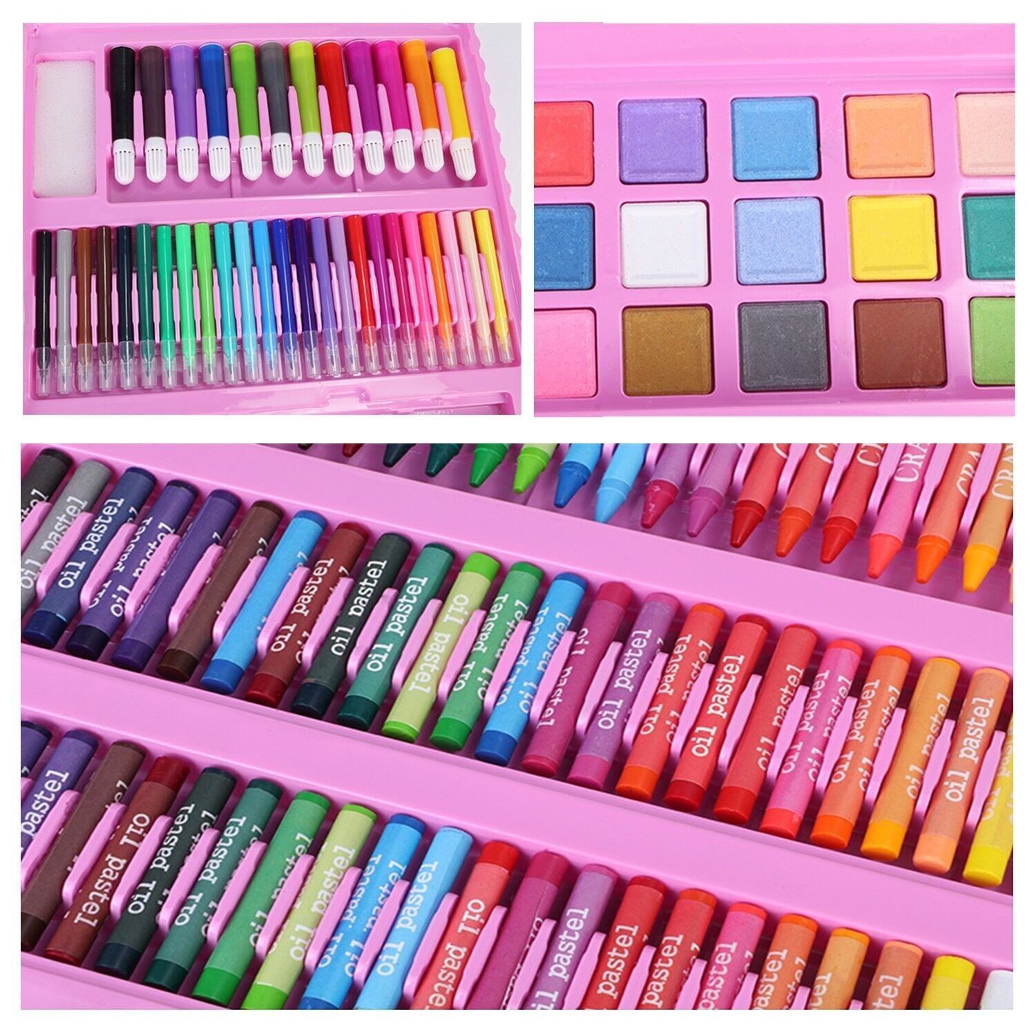 Complete set of painting and drawing 208 pieces oil, watercolors, crayons, markers, pastels and pencils with accessories. Contains lectern for drawing Pink