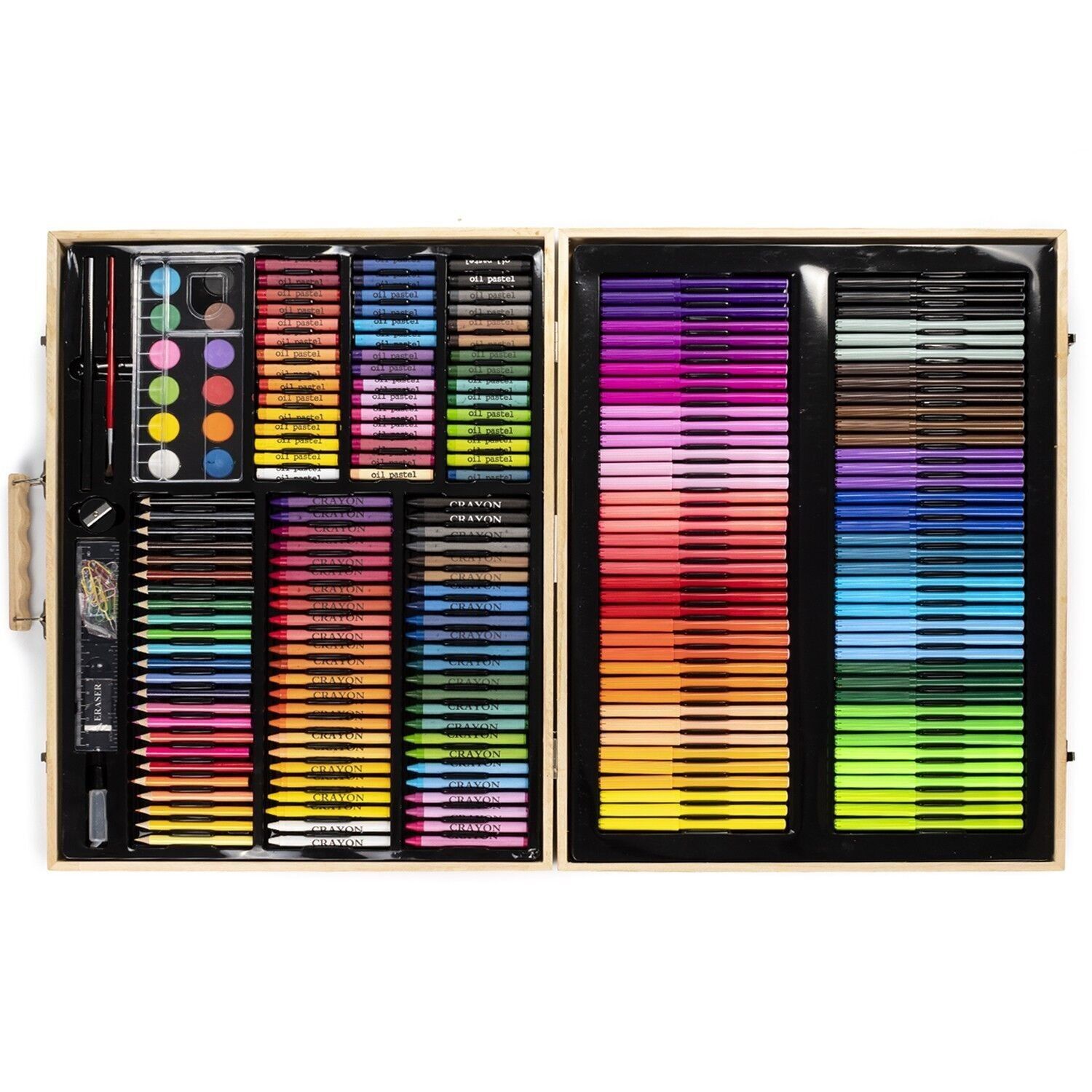 Maletín madera bellas artes completo de pintura y dibujo 180 piezas oleo,acuarelas, ceras,rotuladores, pastel y lapices con accesorios. Beige