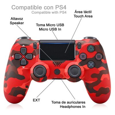 Manette sans fil avec vibration compatible PS4. Fonctionnalités complètes. Camouflage rouge