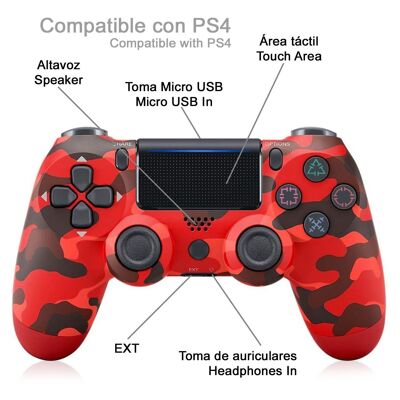 Mando inalámbrico con vibración compatible con PS4. Funciones completas. Camuflaje Rojo