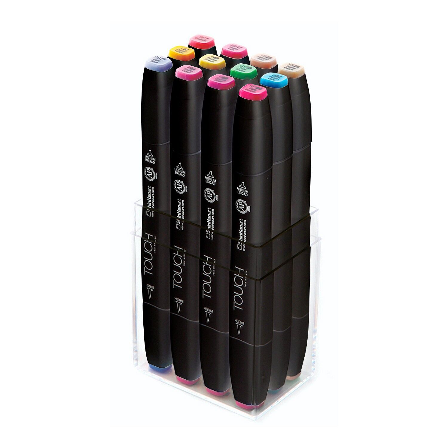 Set mit 12 Markern in verschiedenen Farben. Doppelspitze: fein und breit im selben Marker.