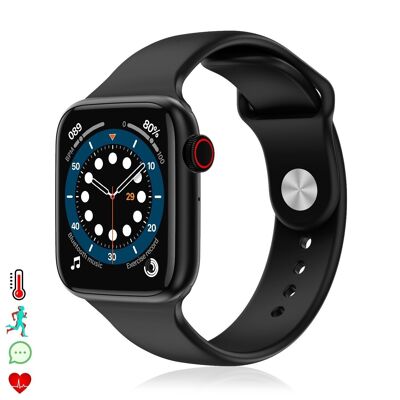 Smartwatch AW9 con corona multifunzione. Termometro, cardiofrequenzimetro, ossigeno nel sangue, chiamate bluetooth. Compatibile con Android. Nero