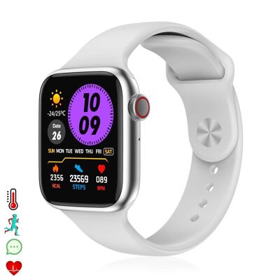 AW9 smartwatch with multifunction crown. Thermometer, heart monitor, blood oxygen, bluetooth calls. Android-compatible. White