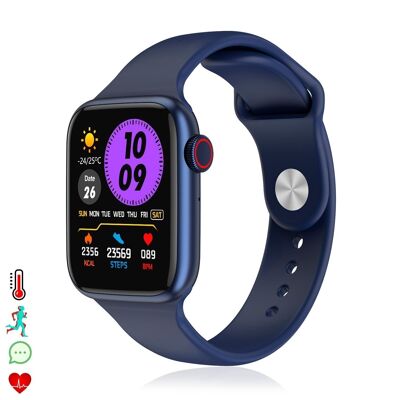 AW9 smartwatch with multifunction crown. Thermometer, heart monitor, blood oxygen, bluetooth calls. Android-compatible. Dark blue