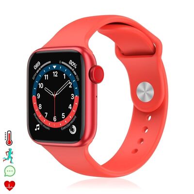 AW9 smartwatch with multifunction crown. Thermometer, heart monitor, blood oxygen, bluetooth calls. Android-compatible. Red