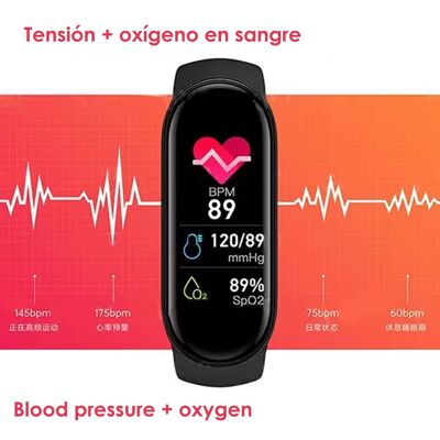 Braccialetto intelligente M6 con monitoraggio della frequenza cardiaca, della pressione sanguigna e dell'ossigeno. Modalità multisport. Nero