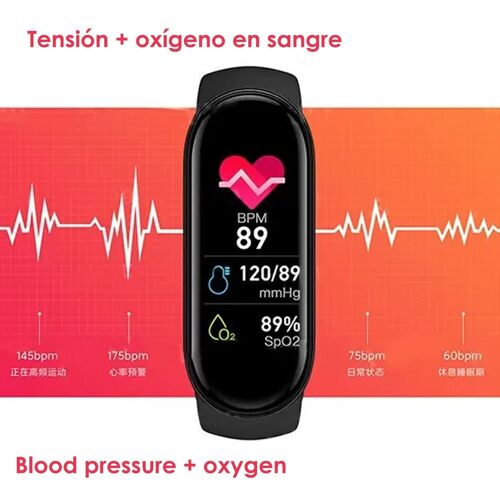 Brazalete inteligente M6 con monitor cardiaco, de tensión y oxígeno en sangre. Modo multideporte. Azul Oscuro