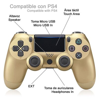 Mando inalámbrico con vibración compatible con PS4. Funciones completas. Oro