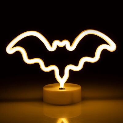 Néon jaune chaud avec socle, motif chauve-souris. Jaune