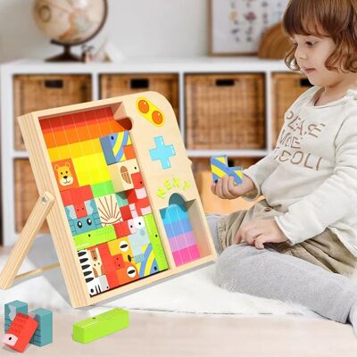 Animal Tetris for children, with board and wooden pieces. Includes puzzle cube and 4 games for 2 players. Multicolored