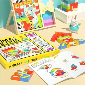 Animal Tetris pour enfants, avec plateau et pièces en bois. Comprend un cube de puzzle et 4 jeux pour 2 joueurs. Multicolore 3