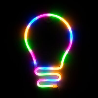 Multicolored hanging neon light bulb design. Multicolored