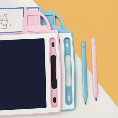 8.4 inch LCD drawing and writing tablet. Portable, with erase lock and rechargeable battery. Includes learning cards for writing and drawing. Light pink