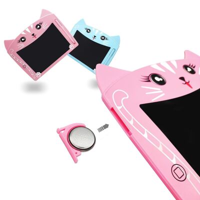 8-inch LCD drawing and writing tablet, Kitty design. Multicolored background, portable, with erase lock. Light Blue