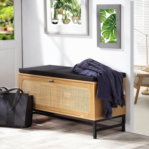 Banc avec rangement chaussures et façade en rotin - L100 cm