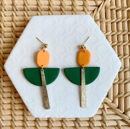 Flame Orange and Green Art Deco Ball Stud Earring