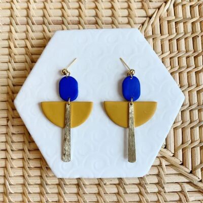Flame Mustard and Blue Art Deco Ball Stud Earring