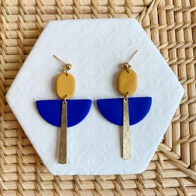 Aretes de bola Art Déco azul llama y mostaza