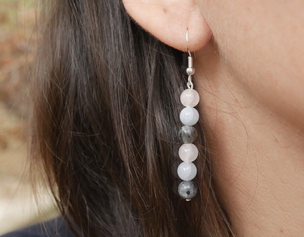 Orecchini pendenti "Triple Protection" in Labradorite, Acquamarina e Quarzo rosa