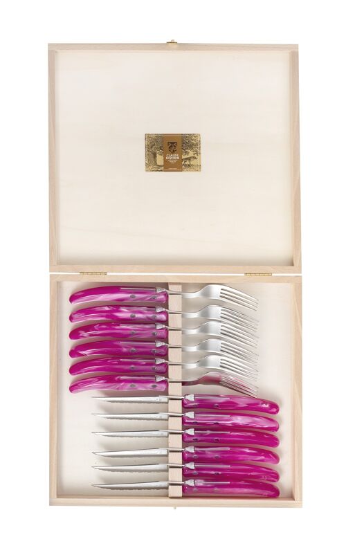 Coffret bois 12P berlingot (6 couteaux et 6 fourchettes) manche nacrine rose
