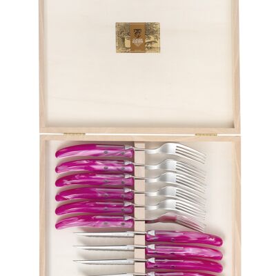 Holzbox 12P Berlingot (6 Messer und 6 Gabeln) rosa Perlmuttgriff