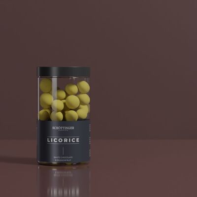 Lakrits & Vit Choklad mit Passionsfrucht 250 g
