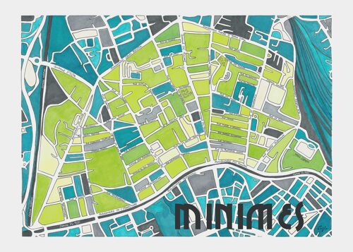 Affiche Plan de Ville TOULOUSE, quartier des MINIMES - Illustration fait main