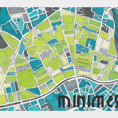 Poster con mappa della città di TOLOSA, quartiere MINIMES - Illustrazione fatta a mano