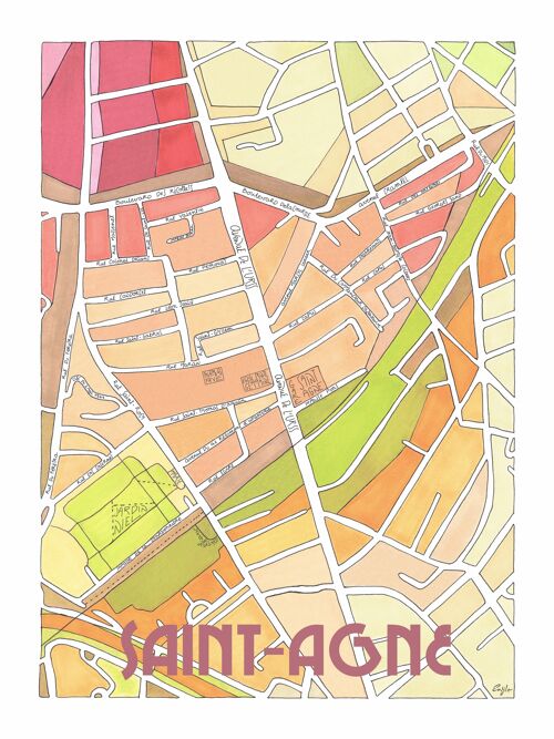 Affiche Plan de Ville TOULOUSE, quartier SAINT-AGNE - Illustration fait main