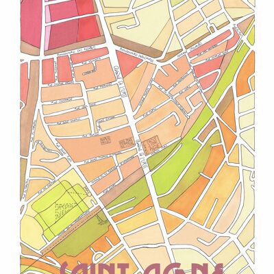 Poster con mappa della città di TOLOSA, quartiere SAINT-AGNE - Illustrazione fatta a mano